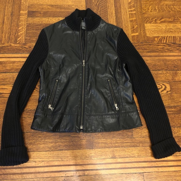 Leather Jacket With Knit Sleeves 